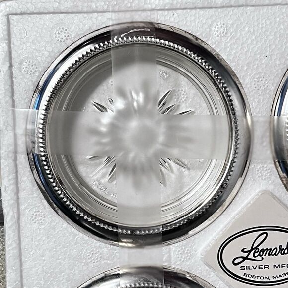 Vtg Leonard Silver Mfg Italy Crystal Glass & Silverplate Coasters Set of 4 NIB - Picture 12 of 13